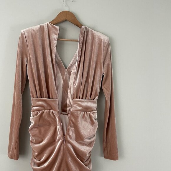 House of CB Farrah Pink Velvet Ruched Deep V Mini Dress Size Small - Picture 6 of 7
